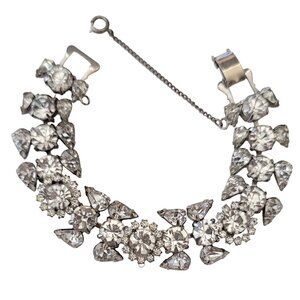 Silver Tone Clear Prong Set Rhinestone Safety Chain Cluster Link Bracelet E796